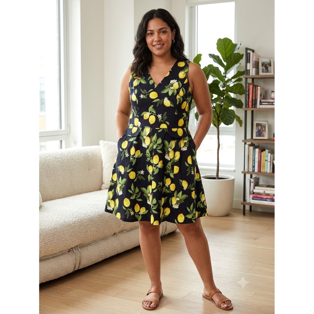 Chetta B Lemon Print Fit and Flare Summer Dress Rockabilly XL 14